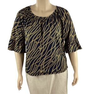 Michael Michael Kors Chain Print Scoop Neck Top Navy Gold Logo 1X
